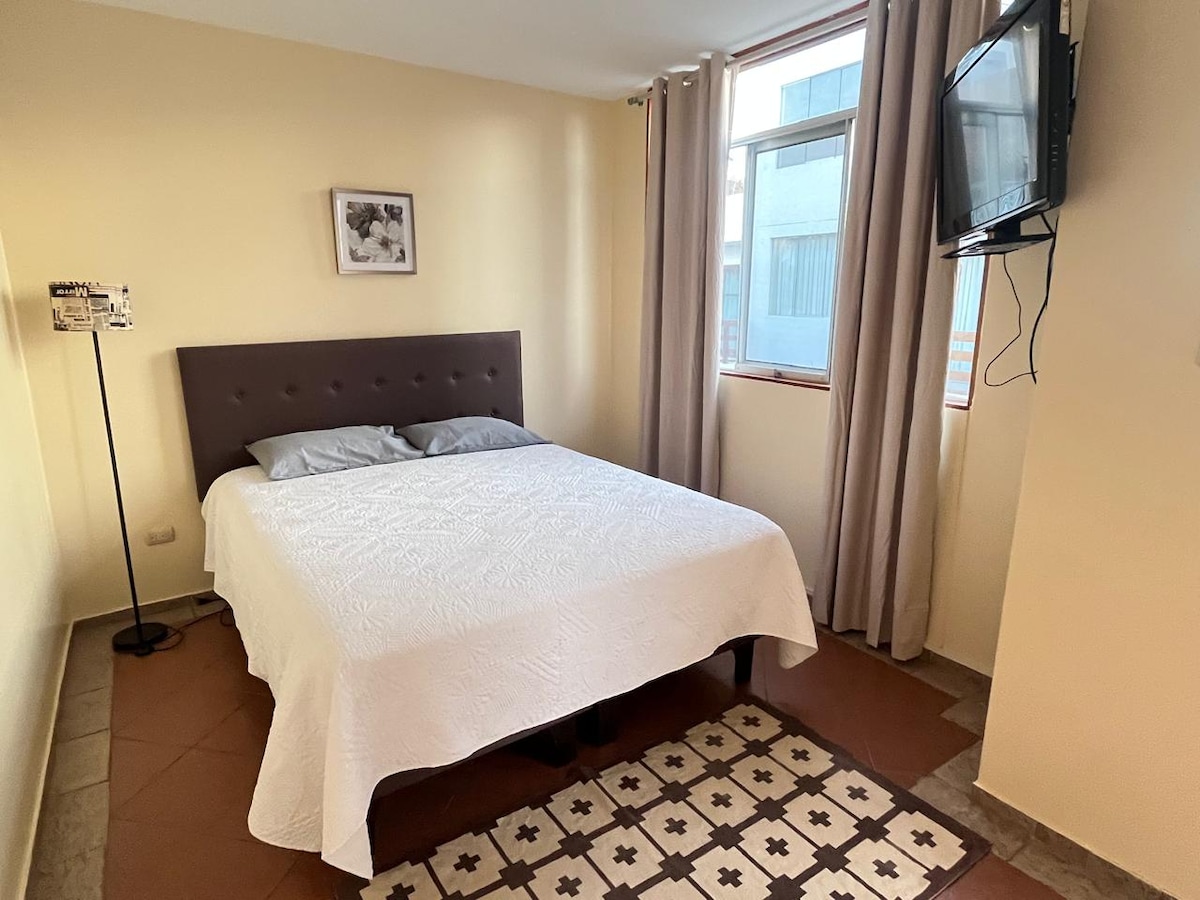 A comfortable sleeping area features a queen-sized bed with a white coverlet and two gray pillows. Natural light enters through a large window, complemented by soft curtains. A flat-screen TV is mounted on the wall opposite the bed, and a patterned area rug adds texture to the floor.