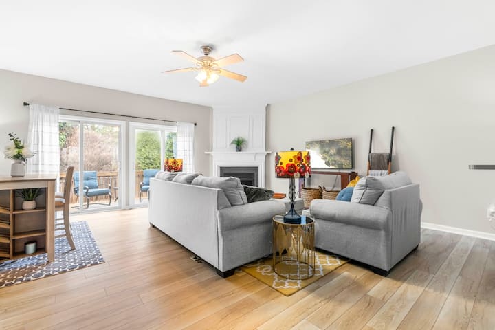 Kick back and relax in our cozy living room! With plush seating, a fireplace, and a 50” Smart TV, you may never want to leave. 