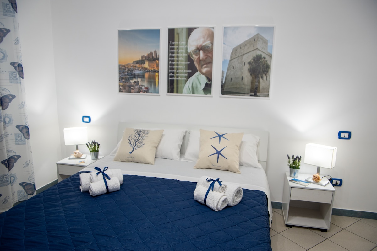 A bright bedroom features a spacious bed with a navy blue quilt and decorative cushions. Two bedside tables with lamps provide soft lighting. Three framed photographs hang on the wall, and a light, patterned curtain adds a touch of color to the space.