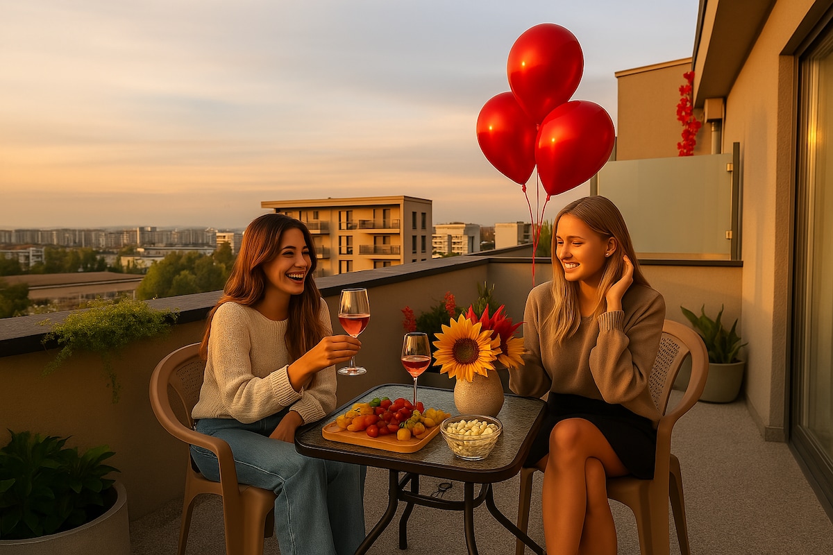 A balcony setting is adorned with a small table, where two individuals enjoy drinks and a platter of fruit and snacks. Vibrant flowers in a vase add a touch of colour, while sunset hues illuminate the scene. Four red balloons are visible, creating a festive atmosphere.
