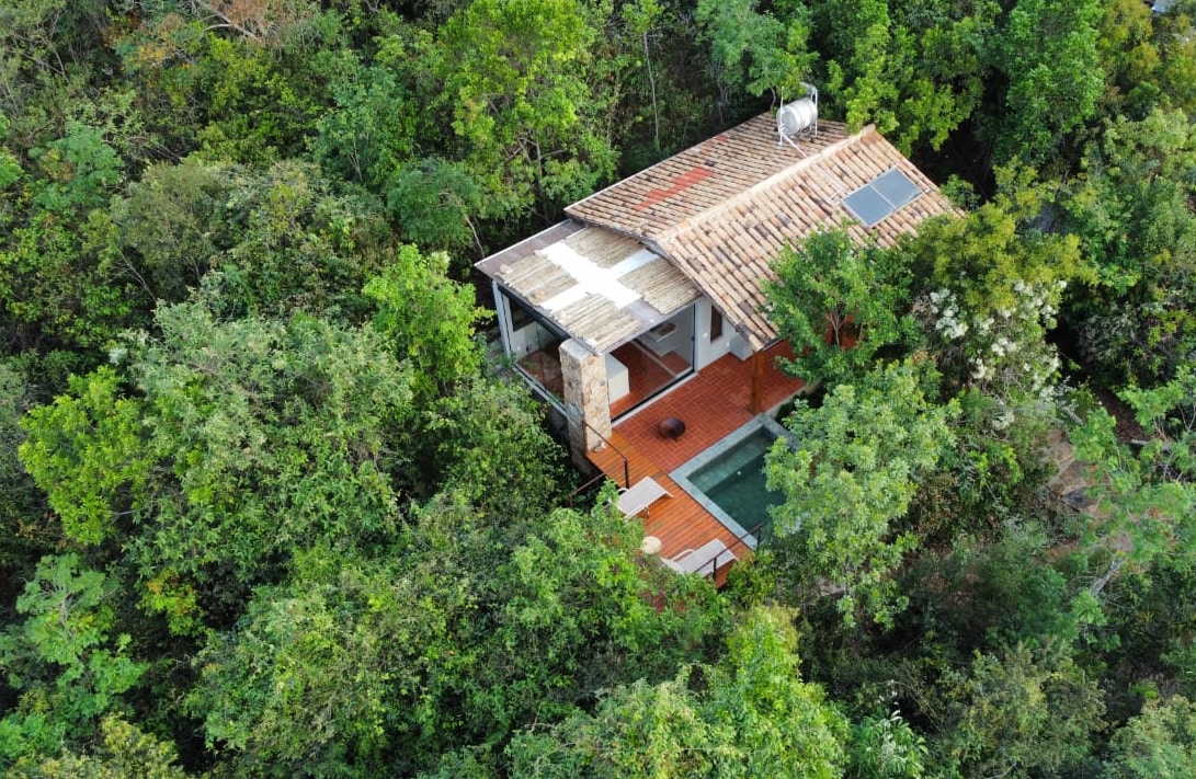 A tree-covered landscape surrounds a modest house set amidst lush greenery. The structure features a wooden deck with a private pool, blending harmoniously with the vibrant foliage. A solar panel is visible on the roof, indicative of eco-friendly design.