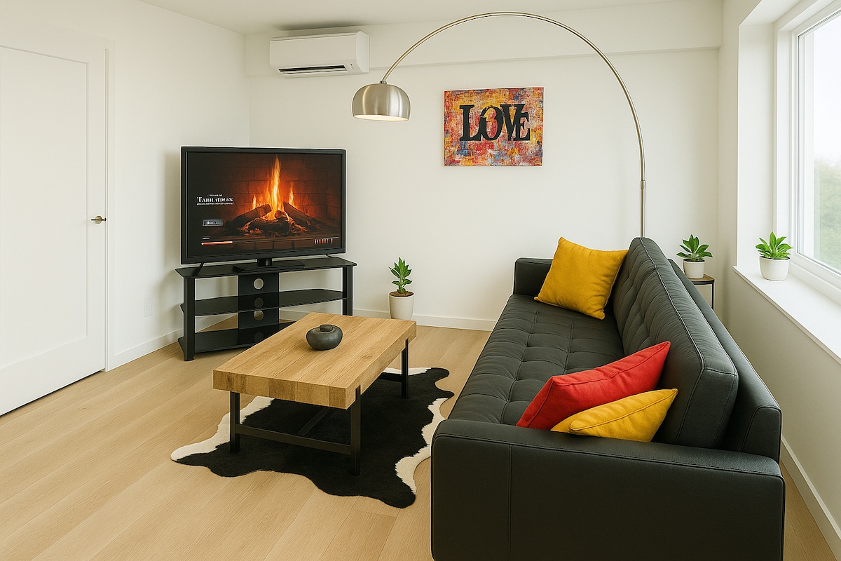 A modern living area features a sleek black sofa adorned with vibrant red and yellow pillows. A wooden coffee table is positioned in front, while a large TV displays a cozy fireplace image. Natural light fills the space through a sizable window, complemented by potted plants.