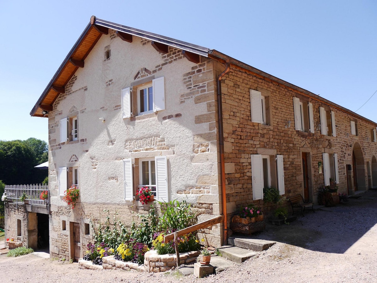 A spacious farmhouse exterior is highlighted, featuring a blend of stone and light-colored walls. Double windows adorned with shutters offer a charming appearance. Planters with colorful flowers line the entrance, enhancing the natural setting surrounded by greenery.