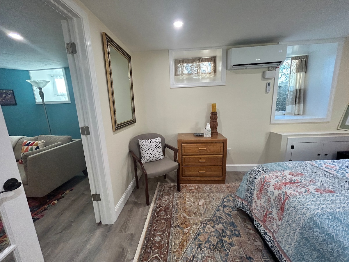 The bedroom area contains a queen-sized bed dressed in patterned linens. A nightstand and chair provide functional seating and storage. Brightness is introduced through two windows, while a cozy rug adds warmth to the space. An air conditioning unit is mounted above the bed.
