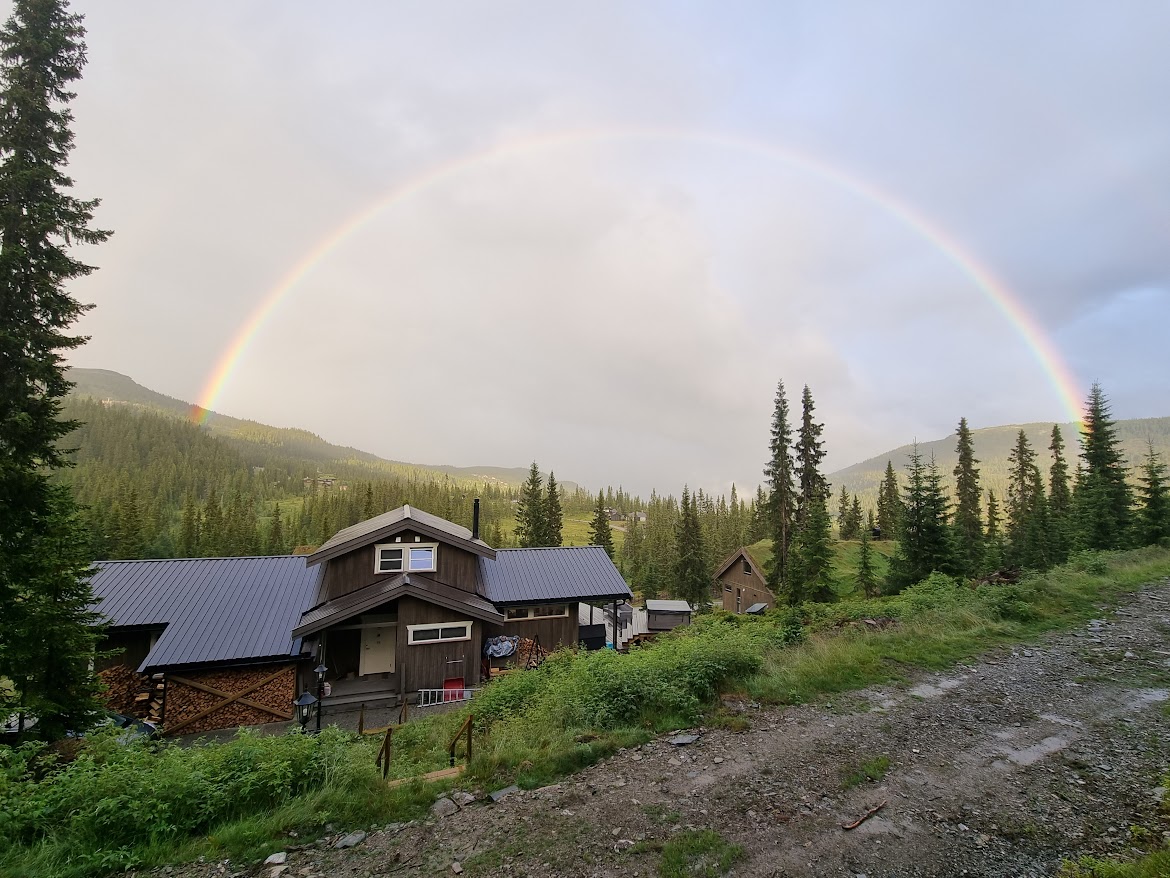 A scenic view captures a rustic cabin surrounded by lush greenery, with a vibrant rainbow arching over the landscape. The cabin features a sloped roof and woodpile, blending harmoniously with the natural surroundings. Tall evergreen trees enhance the serene outdoor setting.
