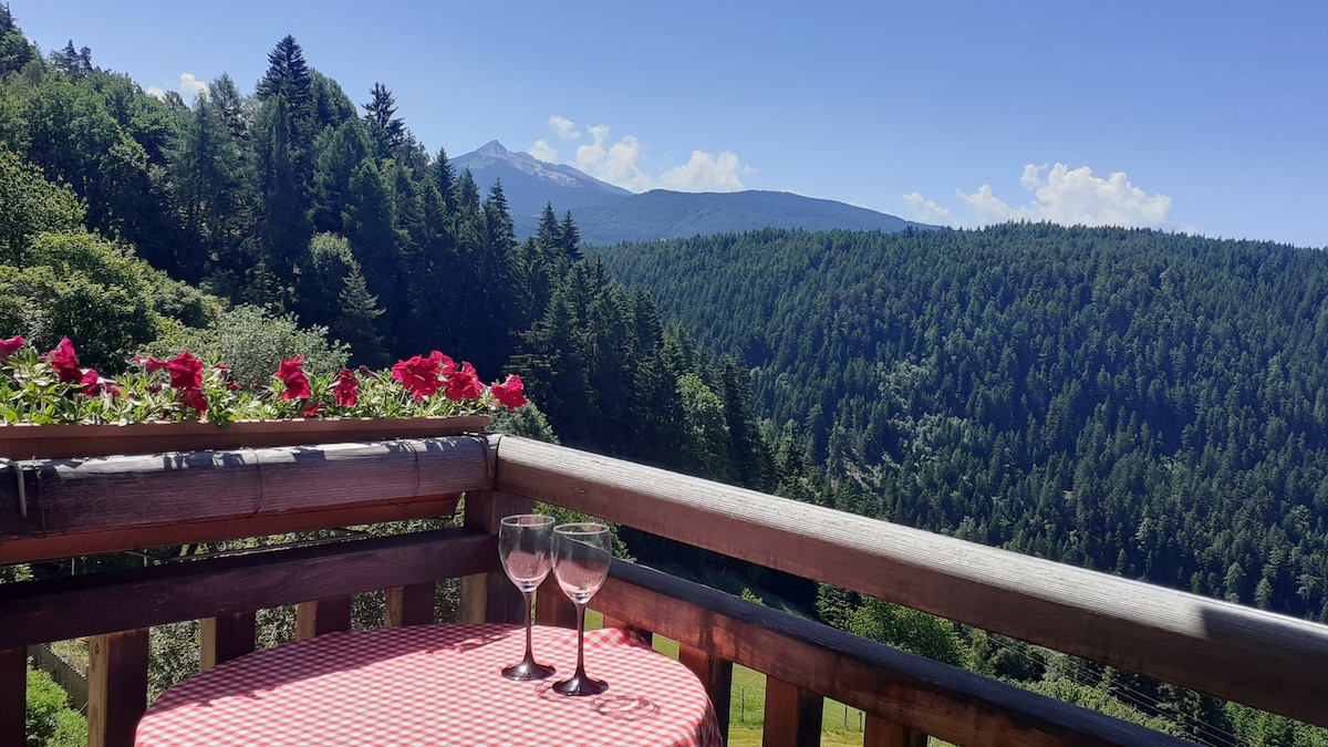 A balcony is adorned with blooming flowers and features a round table set with two glasses. In the background, a panoramic view of lush green trees and distant mountains can be seen under a clear blue sky.