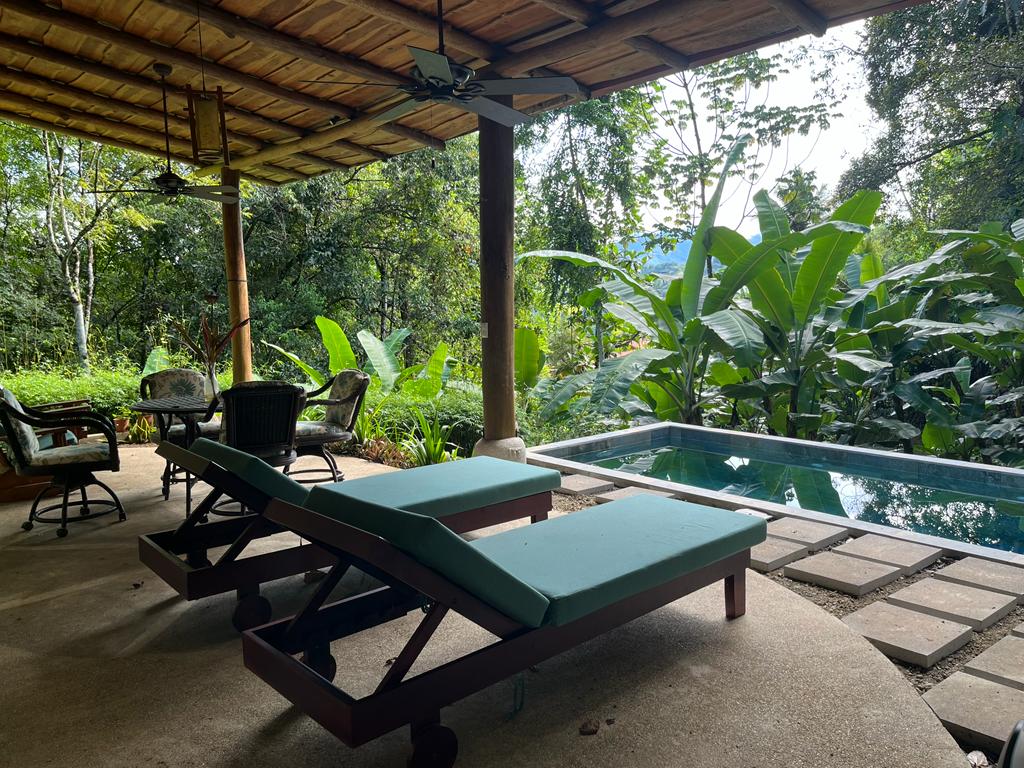 A wrap-around patio features two pool loungers positioned for comfort, set against a backdrop of lush greenery. Nearby, an outdoor seating area includes a table and chairs, while a private pool reflects the surrounding natural beauty.