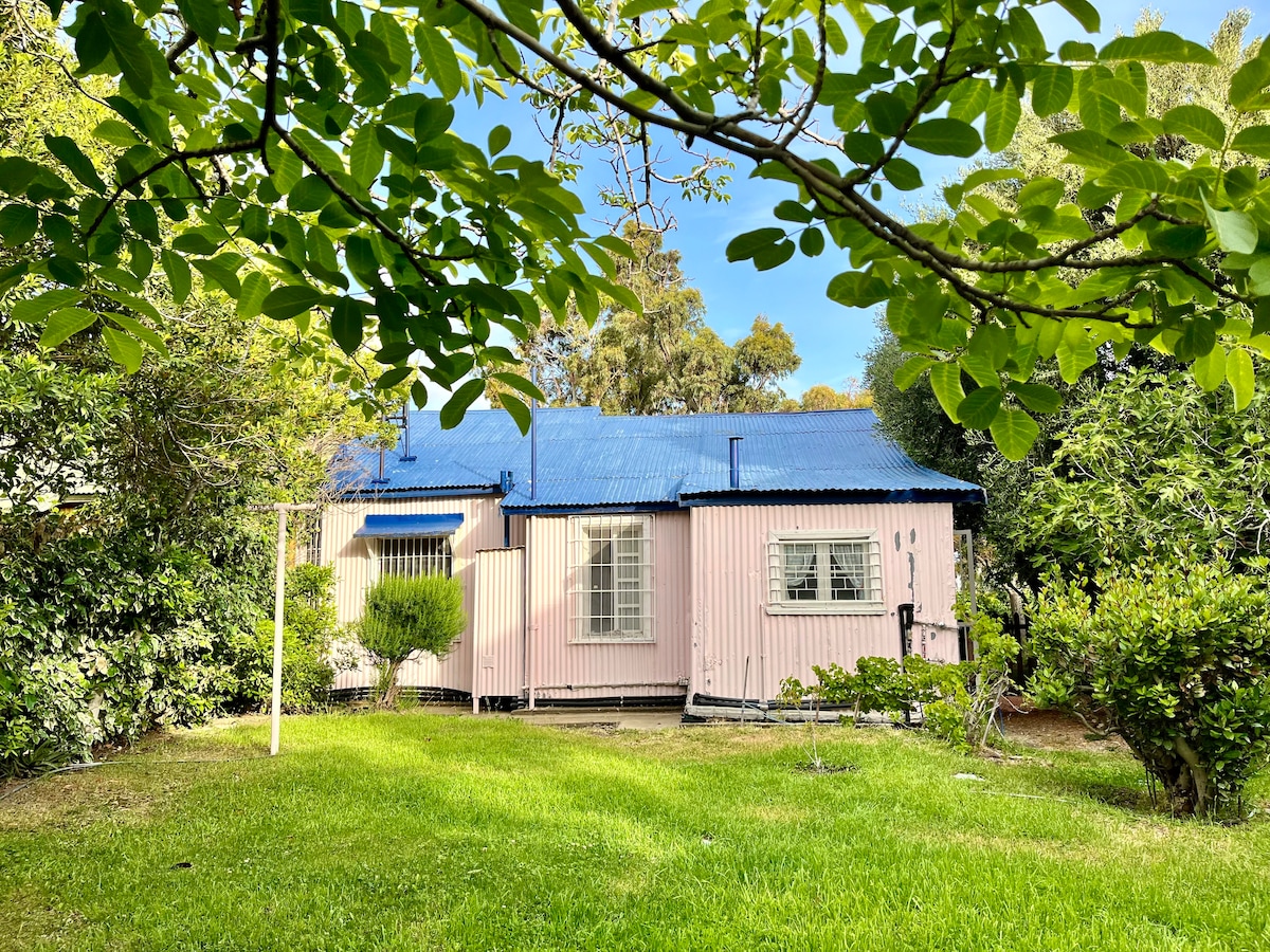 A charming house with a pink exterior is framed by lush greenery and a well-maintained lawn. A blue roof contrasts with the surroundings, while several trees provide shade. Windows allow natural light to enter, enhancing the inviting appearance of the home.