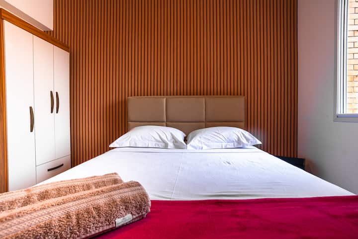 2nd bedroom, view to court, city and mountains, air-conditioned environment, ceiling fan, bedding, black-out curtain, wardrobe, double bed, mute servant, protection net, mosquito screen and Wi-Fi signal.