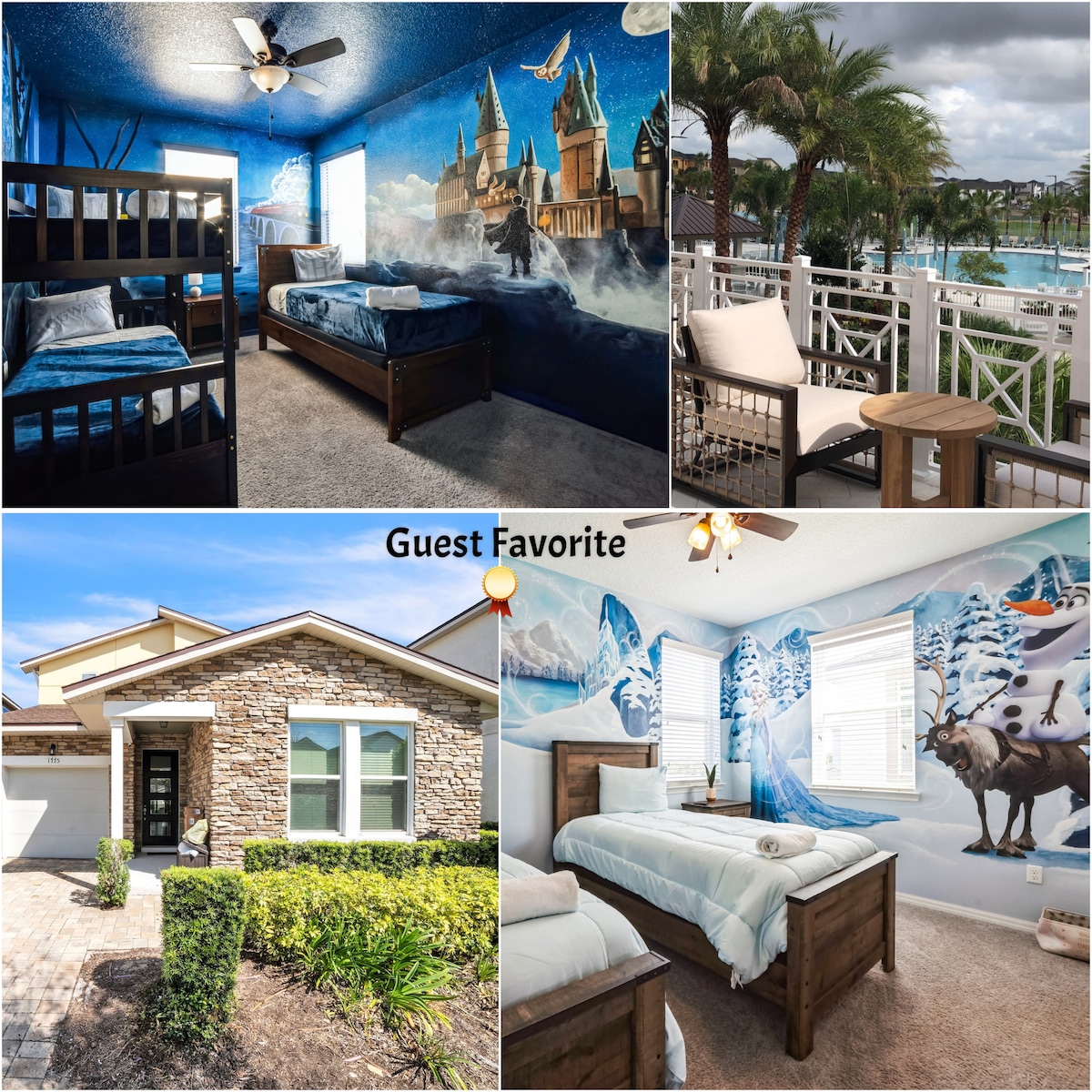 A child's room is adorned with a vibrant mural of Hogwarts, featuring bunk beds and blue bedding. The outdoor balcony highlights seating overlooking the resort pool area. The exterior of the house showcases a stone faƧade and large windows. Another room features a Frozen-themed mural with beds dressed in light blue linens.