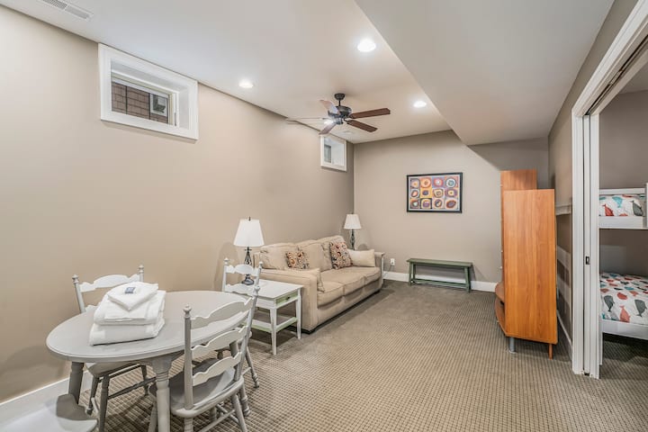 Great space for games, gaming, and family hangout. There is kids bunk with sliding doors, full bathroom, and laundry room with brand new washer/dryer.