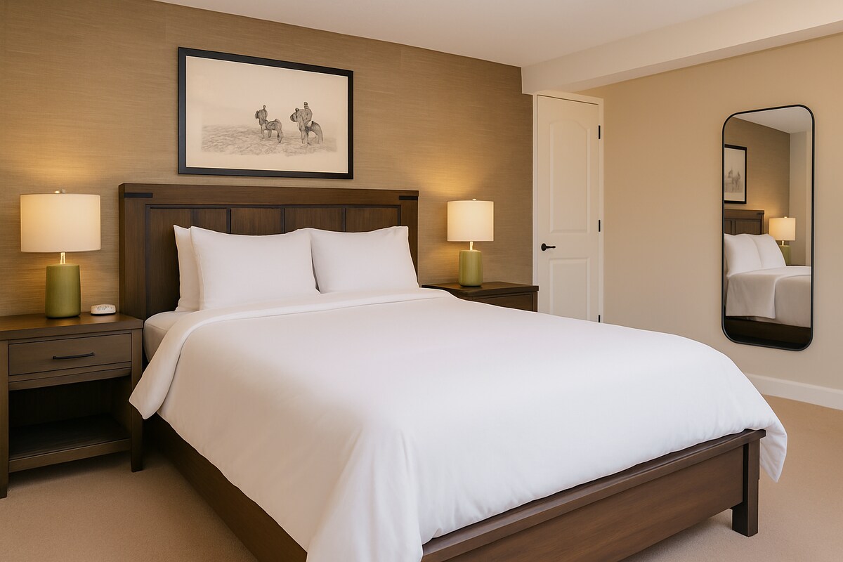 קסם מערבי פוגש נוחות מודרנית בחדר השינה השלו הזה, עם טפטים בהתאמה אישית, מרקמים חמים ומגעים מוקפדים לכל אורכו.