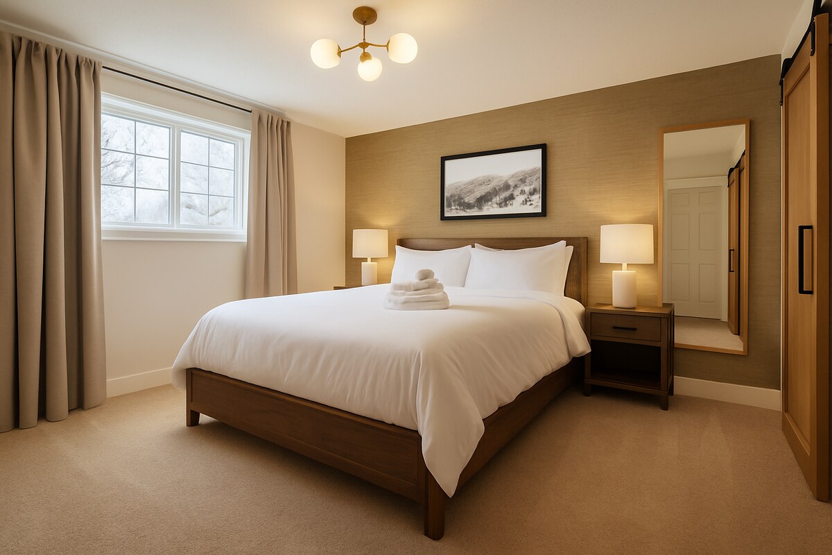 בחדר השינה הראשון יש מיטת קינג סייז עם חדר ארונות ופינת עבודה ייעודית.