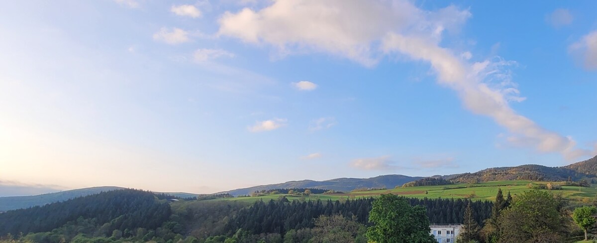 A wide landscape view captures rolling hills and lush green trees under a blue sky. The scene includes a scattering of clouds and showcases a tranquil rural setting. A distant white structure is visible among the greenery, emphasizing the natural surroundings.