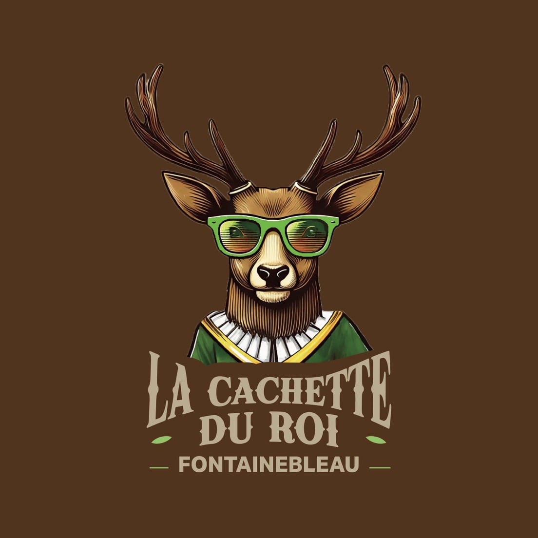 The logo for La Cachette du Roi features a stylized deer head with prominent antlers, set against a rich brown background. The name 'La Cachette du Roi' is displayed prominently at the bottom, along with 'Fontainebleau' to indicate its location.
