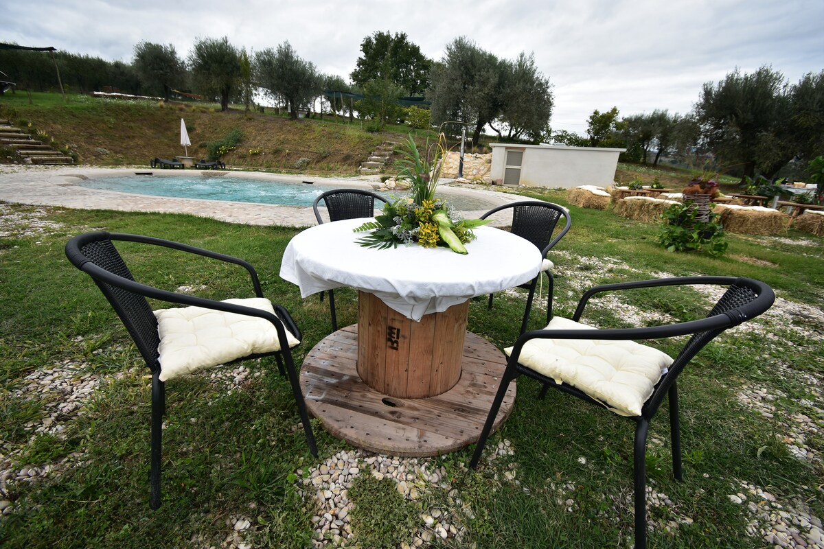 A circular wooden table is surrounded by four black chairs, each featuring a cushioned seat. The table is dressed with a white tablecloth and a floral arrangement. In the background, an outdoor biopool is visible amid an olive grove.