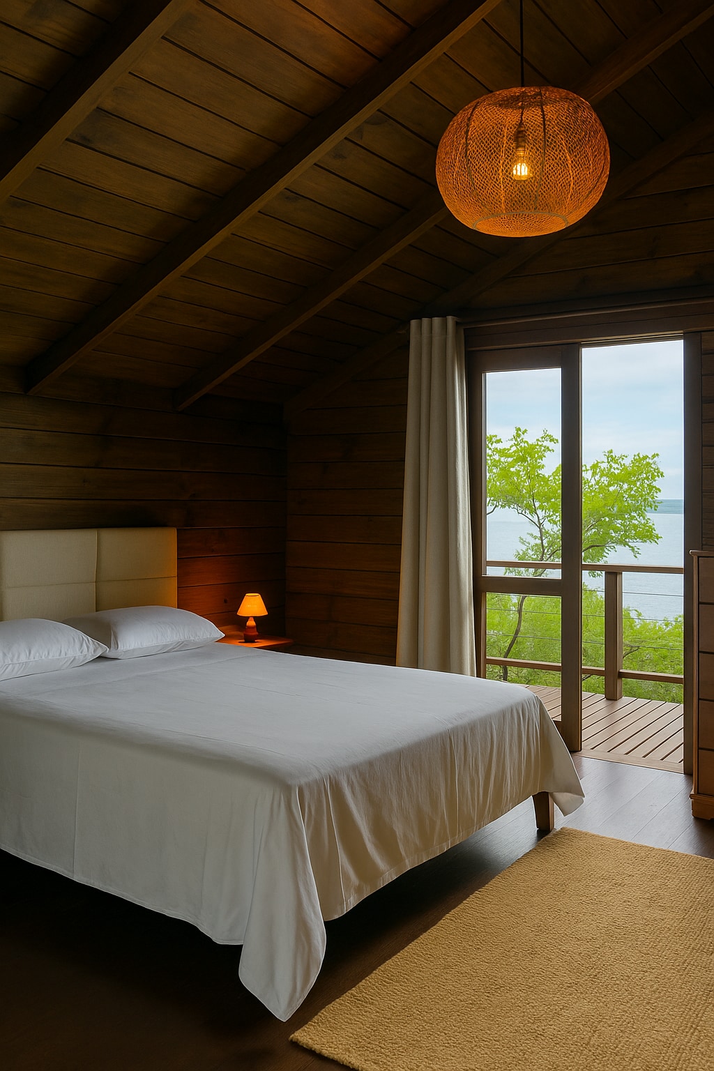 A cozy bedroom features a spacious bed covered in crisp white linens. A warm-toned lamp softly illuminates the room, creating a serene ambiance. Large windows invite natural light and offer views of the lush surroundings, blending the indoor space with the beauty outside.