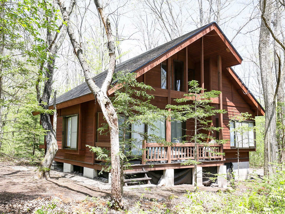A wooden cottage surrounded by lush greenery features large windows that invite natural light. A welcoming front porch with steps leads to the entrance, enhancing the connection with the serene forest setting.