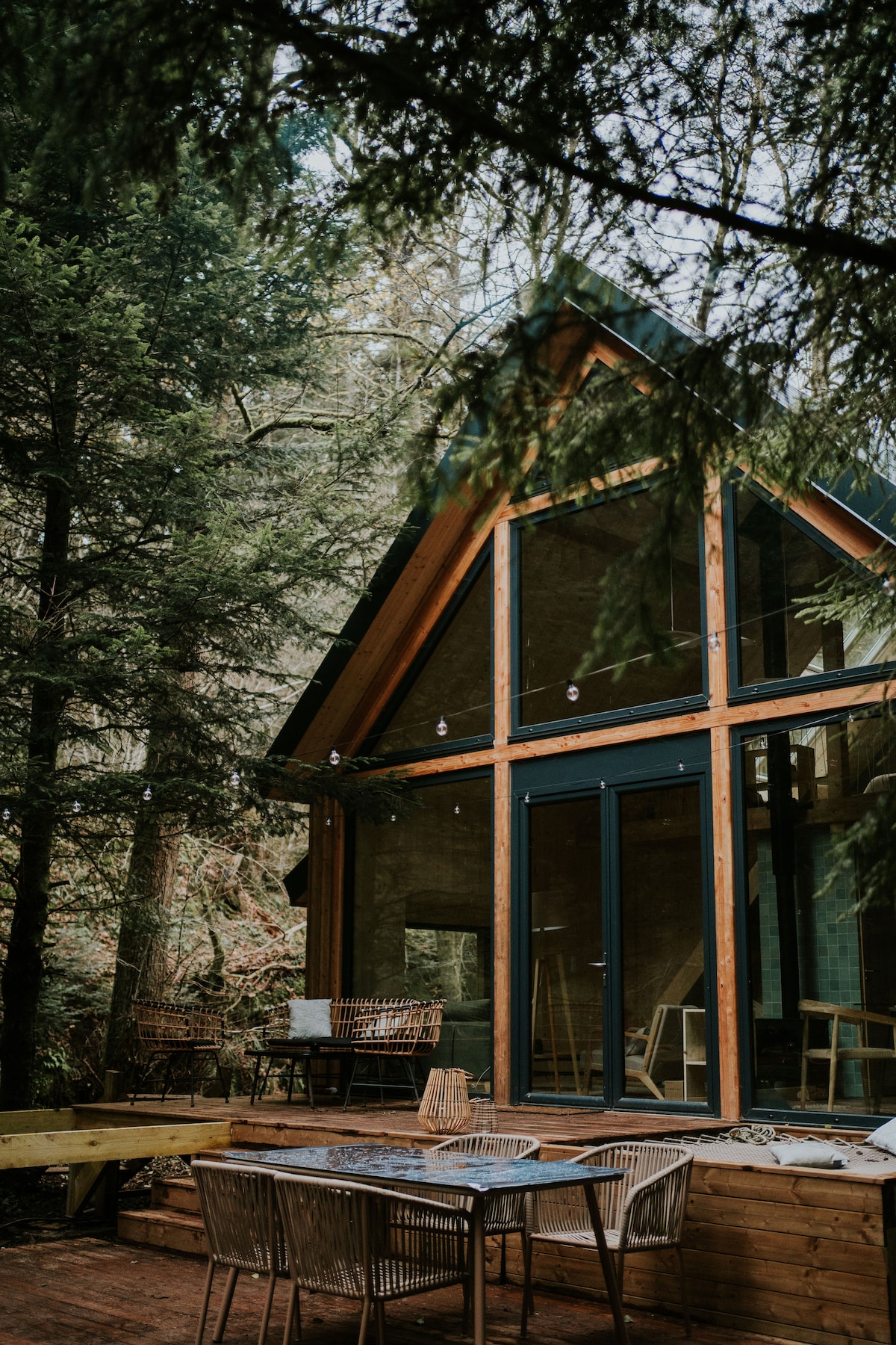 The exterior of the ecolodge is showcased, featuring a contemporary design with large glass panels that provide a view into the interior. A wooden deck surrounds the structure, equipped with a table and chairs, all set amid lush trees, enhancing the natural ambiance.