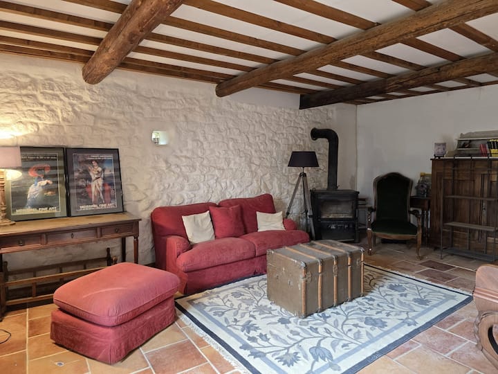 Magjepsje autentike dhe atmosferë muzikore në këtë dhomë ndenjjeje rustike.
Gurë dhe trarë të ekspozuar
