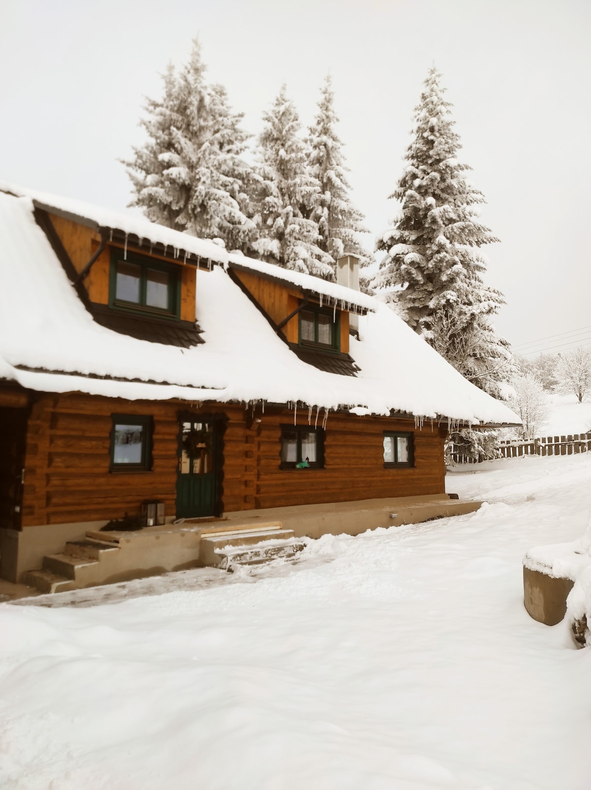 A charming wooden cabin is surrounded by a blanket of snow, with snow-covered trees in the background. Icicles hang from the eaves, and a stone path leads to the entrance, showcasing the cabin's rustic appeal amid a winter landscape.