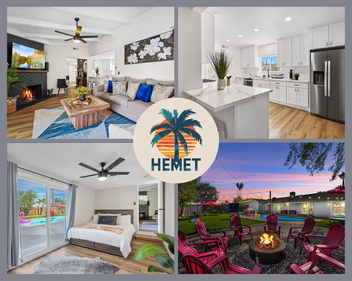 The image collage showcases various spaces in the retreat. The cozy living room features plush seating and a fireplace. A modern kitchen with sleek appliances is displayed. The bright bedroom highlights a comfortable bed, and the outdoor area includes a fire pit surrounded by seating, emphasizing relaxation.