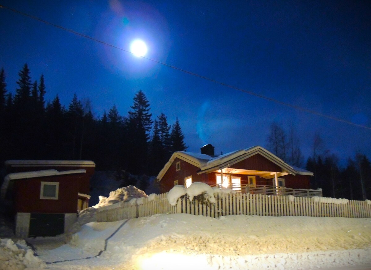 A charming red house is set against a dark night sky illuminated by a bright moon. Snow covers the ground, and a wooden fence surrounds the property. Warm light emanates from a window, contributing to the serene atmosphere. Pines are visible in the background.