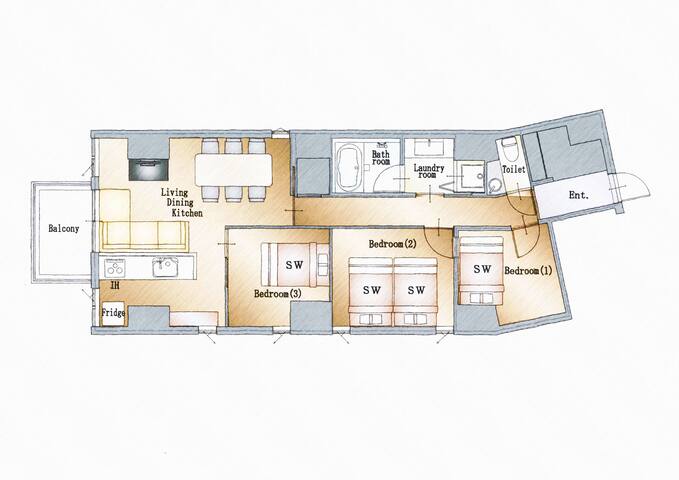 【NewOpen限定価格】麻布十番六本木10分/70㎡/広々リビング/3寝室 /4ベッド/A114 gallery image 3