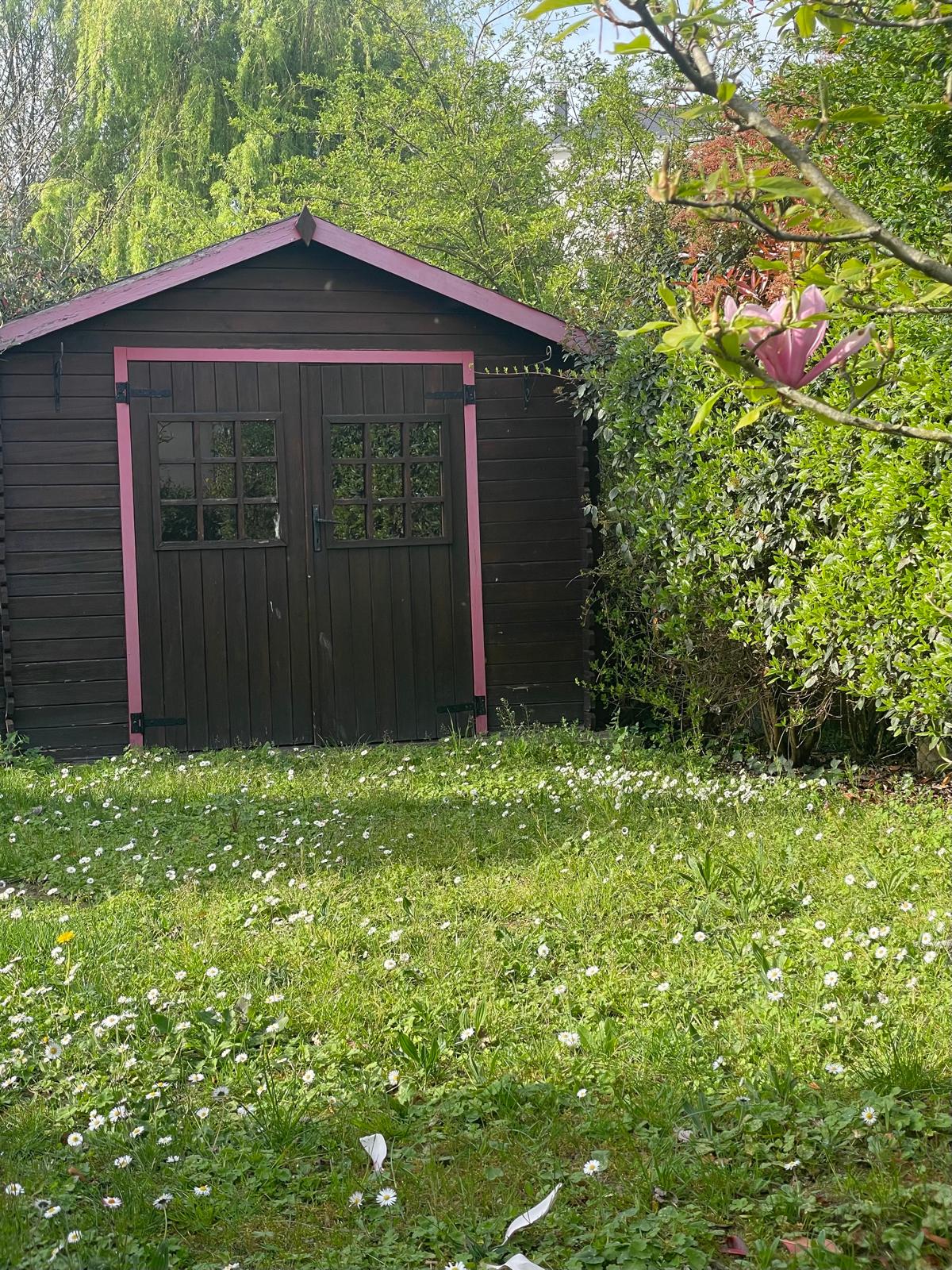 A small, dark wooden shed with a pink trim is set in a lush garden. Wildflowers dot the grassy area surrounding the shed, while greenery lines the background, creating a serene and private outdoor space.