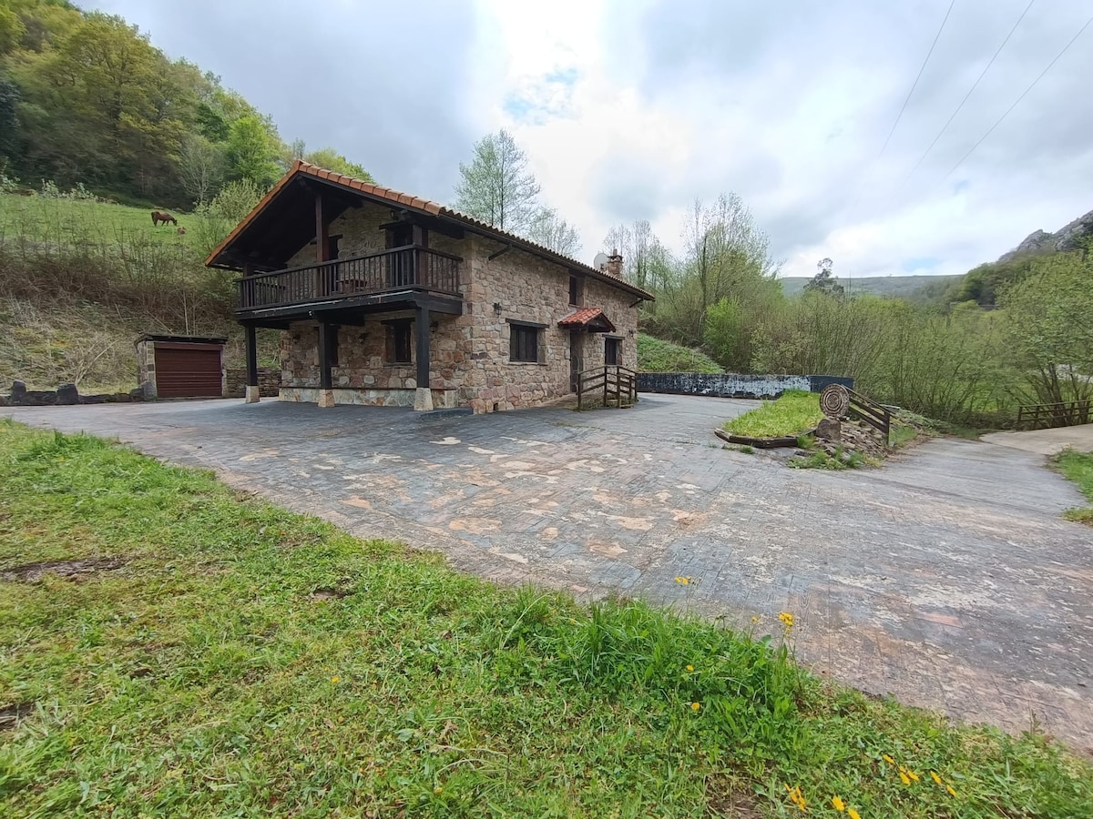 A rustic stone house with wooden balconies is set against a backdrop of greenery and rolling hills. A spacious driveway leads to the entrance, surrounded by trimmed grass and scattered wildflowers. A peaceful natural setting is highlighted, with trees and a distant horse visible.