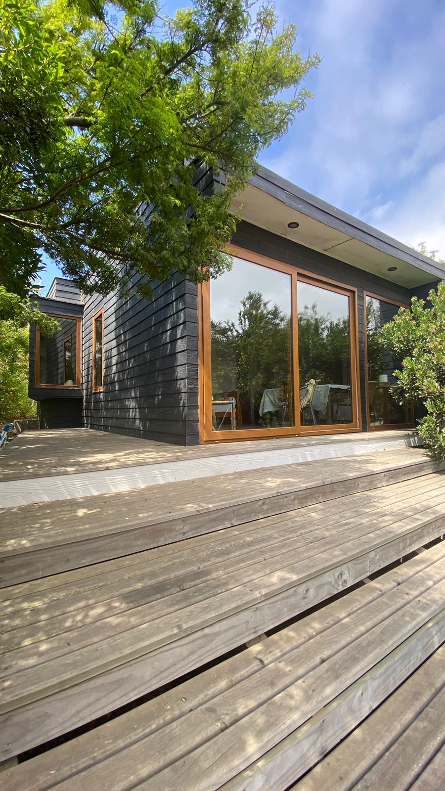 A modern house exterior is shown with large glass doors reflecting the surrounding greenery. A wooden deck leads up to the entrance, offering a seamless transition to the indoor space. The natural wood finish complements the vibrant landscape.