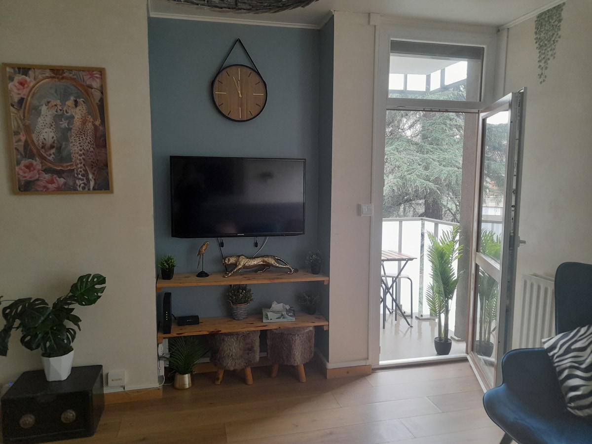 A living room area features a mounted television on a light wooden shelf, adorned with decorative plants. A wall clock above the screen complements the soft blue wall. Open glass doors lead to a small balcony, where two chairs and a table are visible.