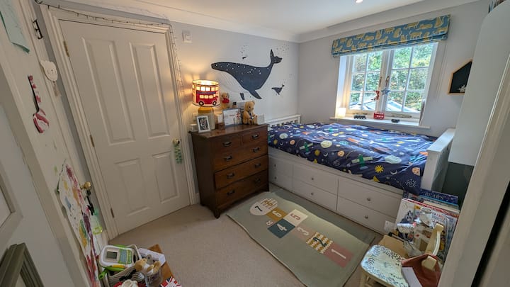 Jednolôžko s kobercom.  Súčasť spálne typu jack and jill vedúca do vlastnej kúpeľne