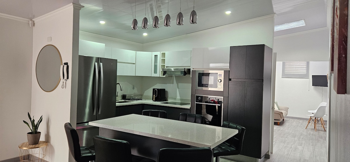 A modern kitchen is showcased with sleek cabinetry and a spacious central dining table. Stainless steel appliances, including a refrigerator and oven, are visible. Soft lighting illuminates the area, complemented by a minimalist design featuring a potted plant on a counter.