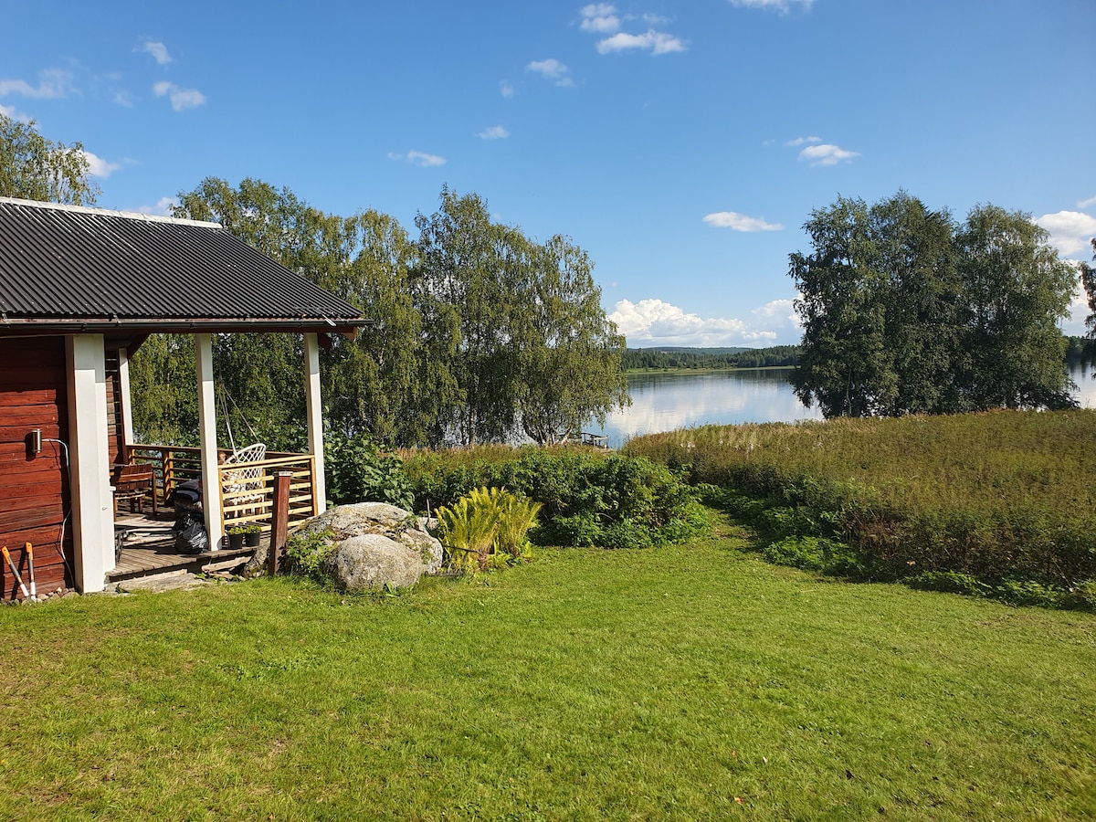 A serene outdoor view is presented, showcasing a lush green lawn bordered by trees. The gentle slope leads to a calm body of water under a clear blue sky, while a rustic cabin with a dark roof offers a welcoming contrast against the natural surroundings.
