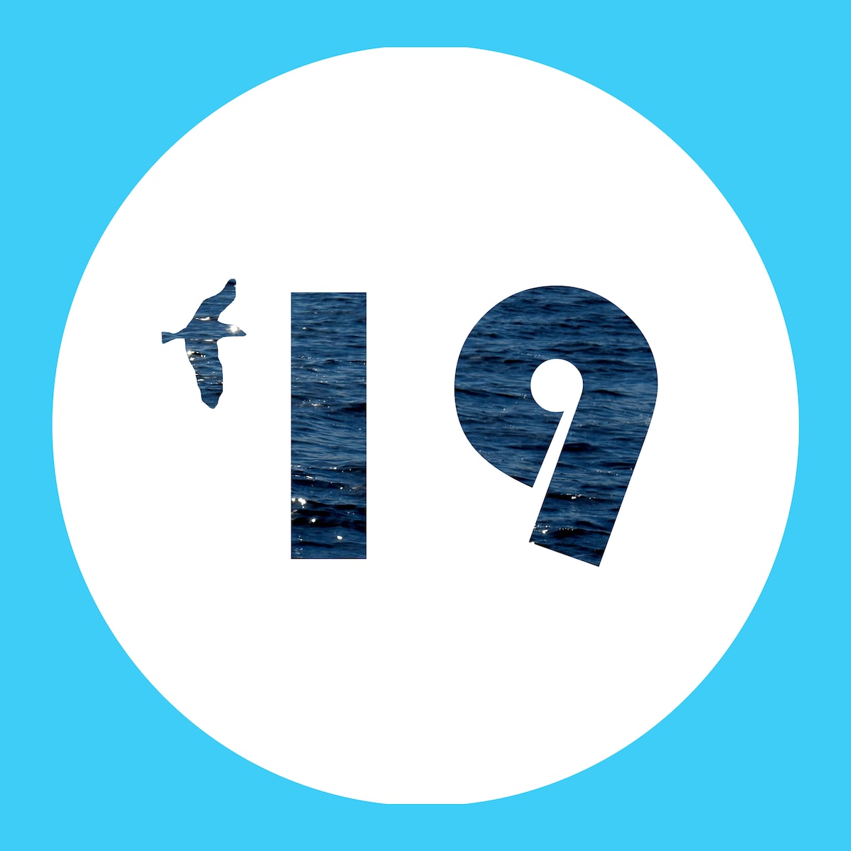 A circular design features the number '19' with a silhouette of a bird beside it. The number is filled with an image of rippling water, conveying a sense of tranquility. The background is a bright blue, creating a calm and inviting contrast.