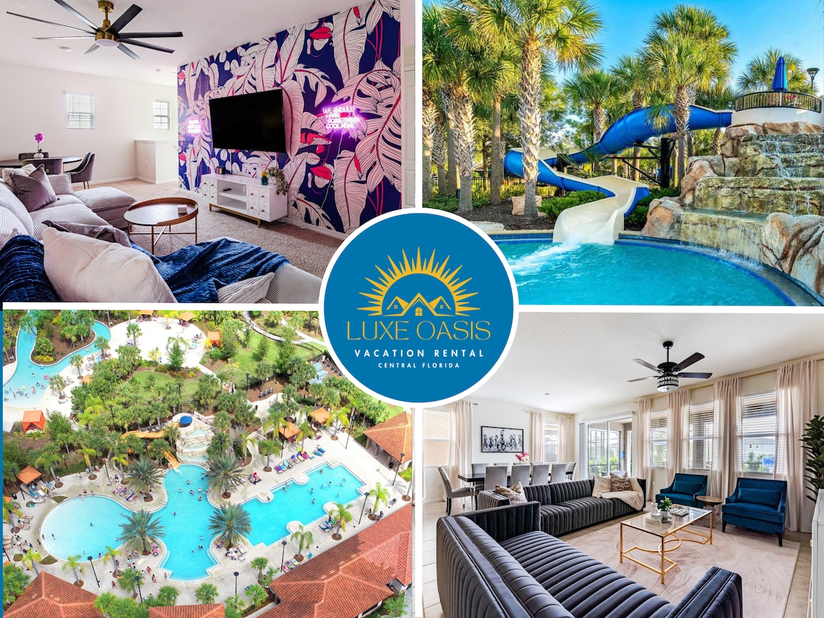 A bright living area features a large TV on a wall adorned with tropical foliage artwork. Outdoor amenities include a blue water slide and a scenic pool area surrounded by palm trees. An aerial view reveals expansive resort pools with lounge chairs and shade structures.