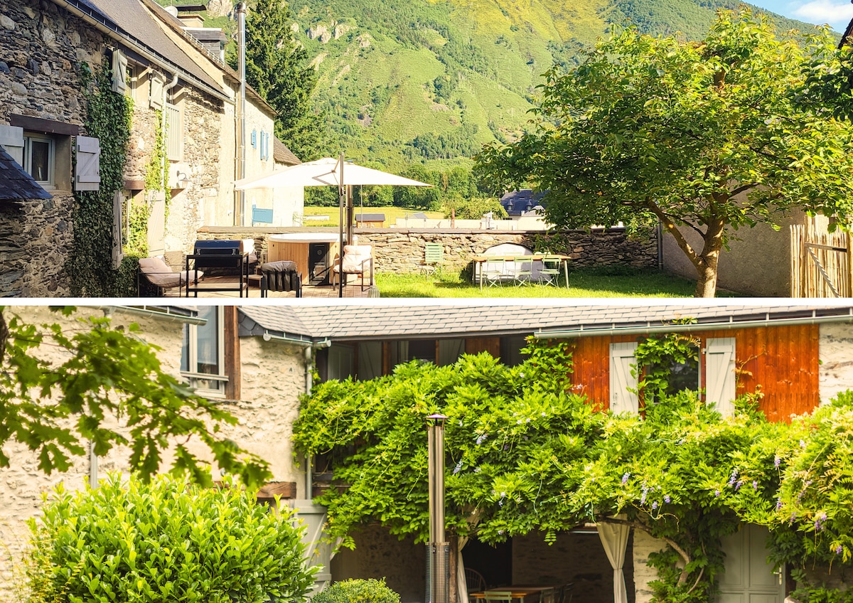 Two gardens are showcased, with one featuring wooden seating under an umbrella, and the other adorned with lush greenery. The backdrop reveals scenic mountain views, enhancing the relaxed atmosphere of the outdoor spaces. Soft sunlight illuminates the areas, inviting leisurely moments.