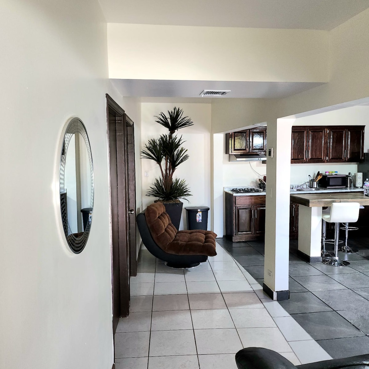 A spacious common area is displayed, featuring a comfortable chair and a decorative plant against a light-colored wall. A round mirror reflects soft light, while a kitchenette with dark wooden cabinets is visible in the background.