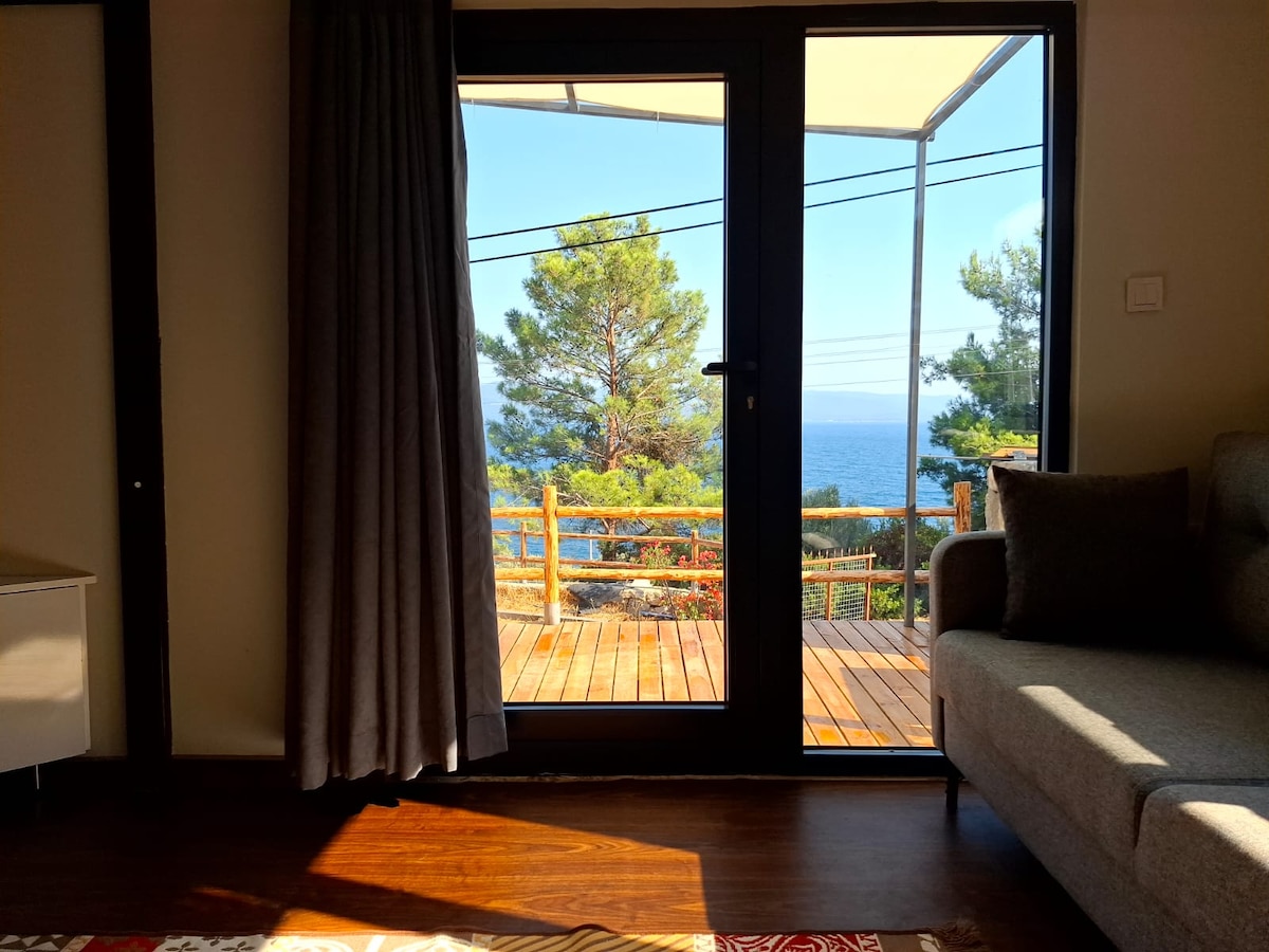 A large glass door offers views of the ocean and outdoor deck, framed by a soft grey curtain. A comfortable couch is positioned nearby, contributing to a relaxed interior setting. Lush greenery is visible just outside, blending nature with indoor comfort.