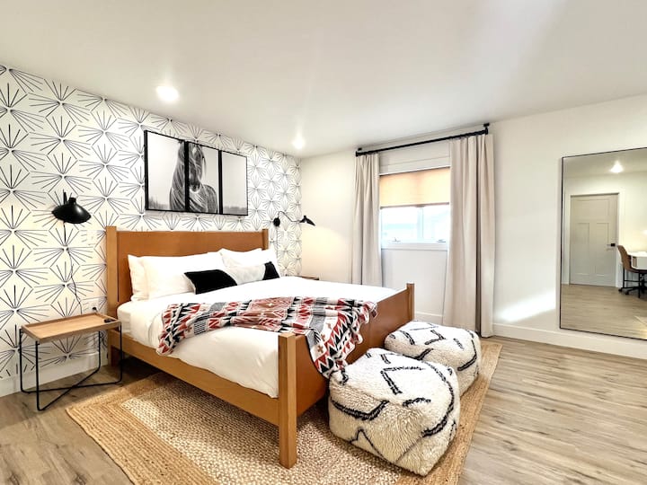 The window has a privacy roller shade and room darkening curtains for mornings you want to sleep in.