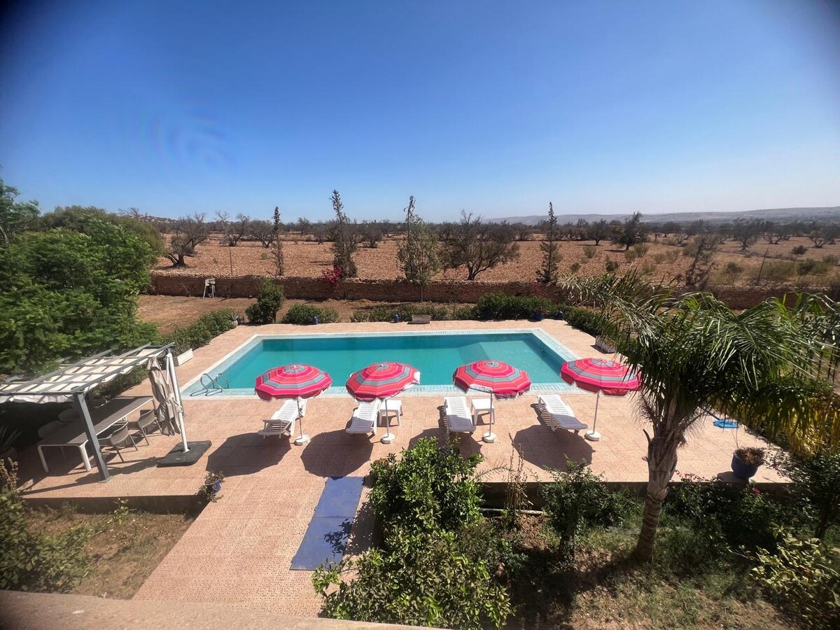 The outdoor space features a tranquil swimming pool surrounded by lounge chairs. Bright pink umbrellas provide shade, while lush greenery enhances the atmosphere. A spacious patio extends around the pool, offering a relaxing area to enjoy the scenic landscape of fields and distant trees.