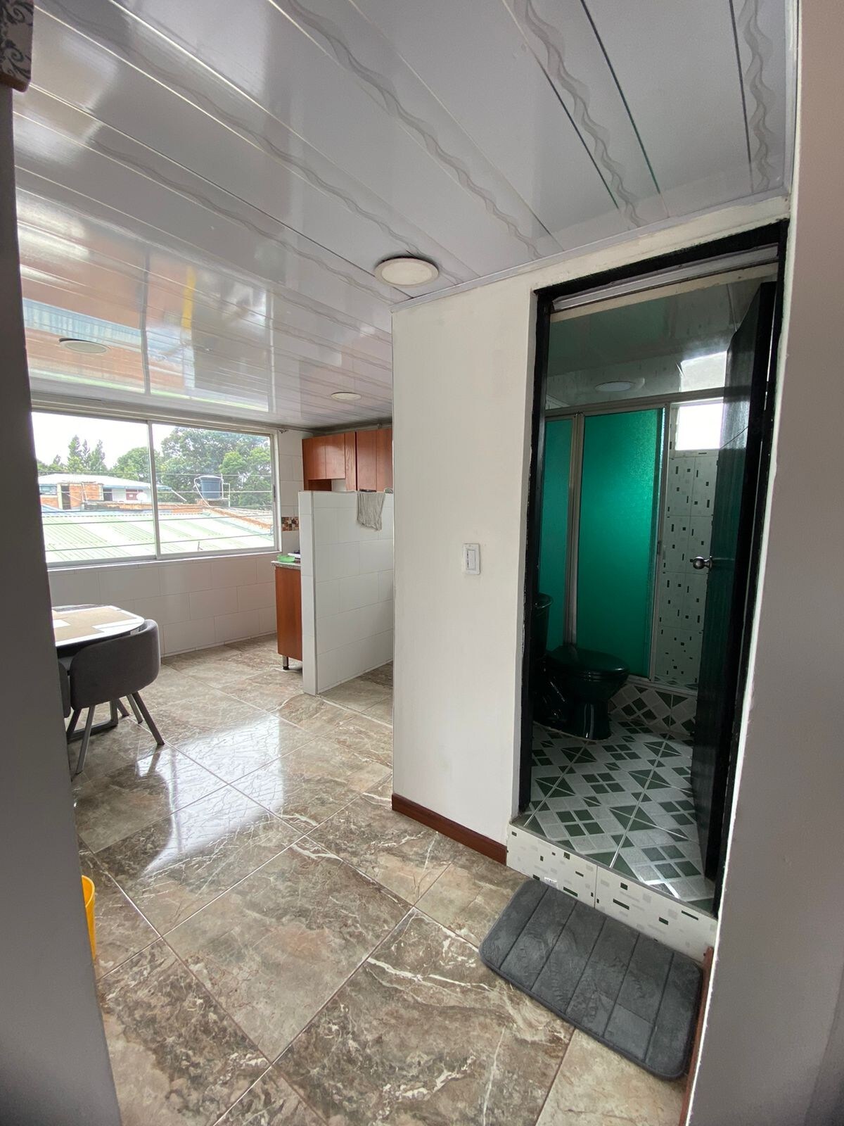 The interior space features an open layout with a kitchen area and a dining table. A bathroom door is visible, leading to a tiled shower space. Large windows allow natural light to fill the room, enhancing visibility and openness.