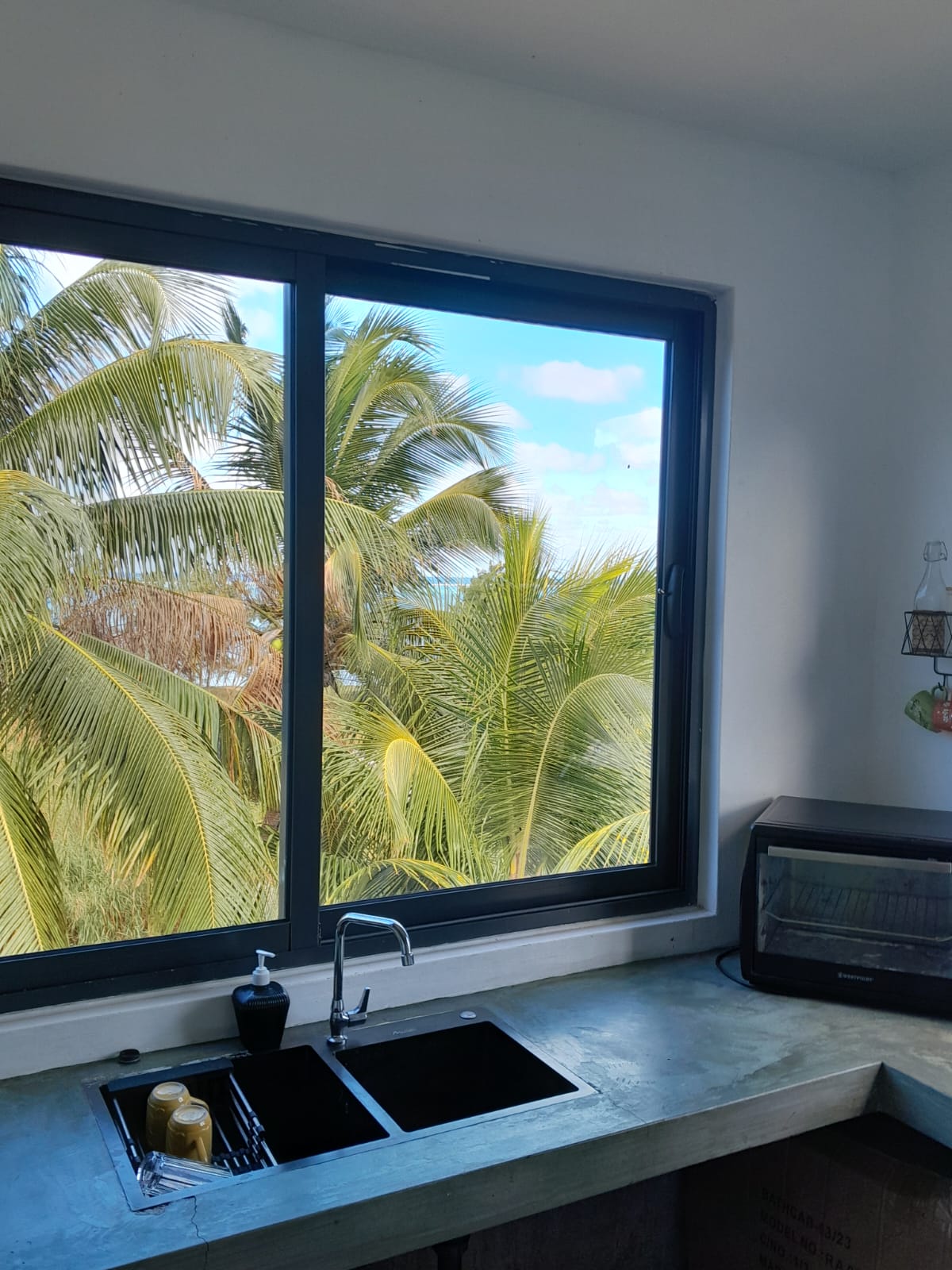 A modern kitchen area is visible, featuring a sleek sink and a counter space. A large window fills the room with natural light, offering a view of lush palm trees and a clear sky.
