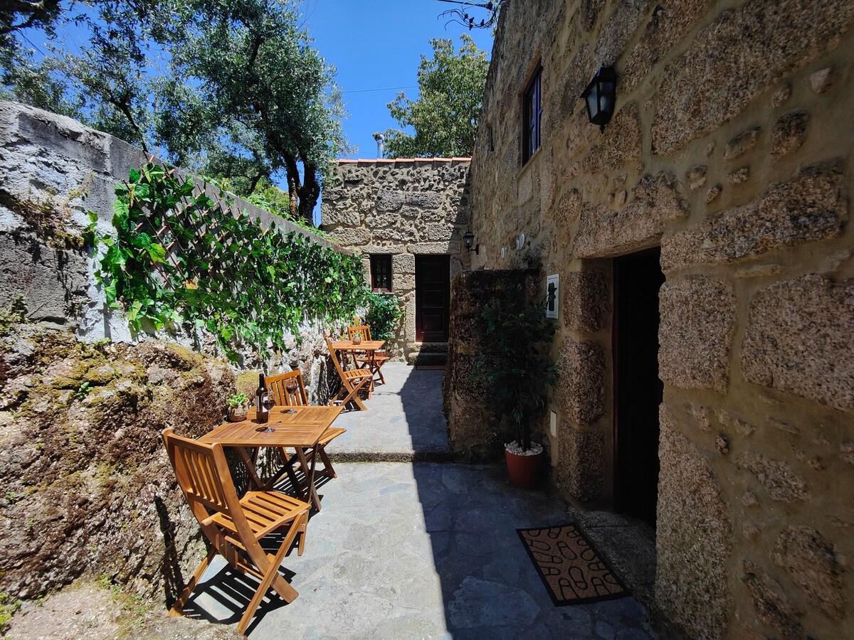 An outdoor seating area is featured, with several wooden tables arranged on a stone pathway. Lush greenery climbs the textured stone walls, while a sunny sky provides bright illumination. The rustic charm of the surroundings is emphasized by the natural materials used throughout.