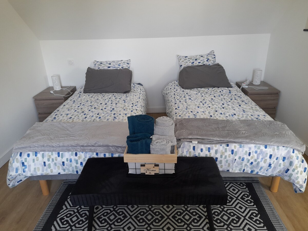 The room features two convertible beds dressed in light blue and grey patterned linens. Adjacent nightstands hold bedside lamps, and a black bench displays folded towels in varying shades of blue and grey. A patterned area rug adds texture to the wooden floor.