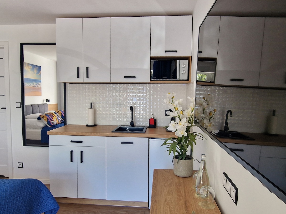 A compact kitchenette is presented with modern cabinets featuring black handles. A microwave and a sink are integrated into the design, with a small vase of flowers adding a touch of decor. A mirror reflects the space, enhancing the sense of openness.