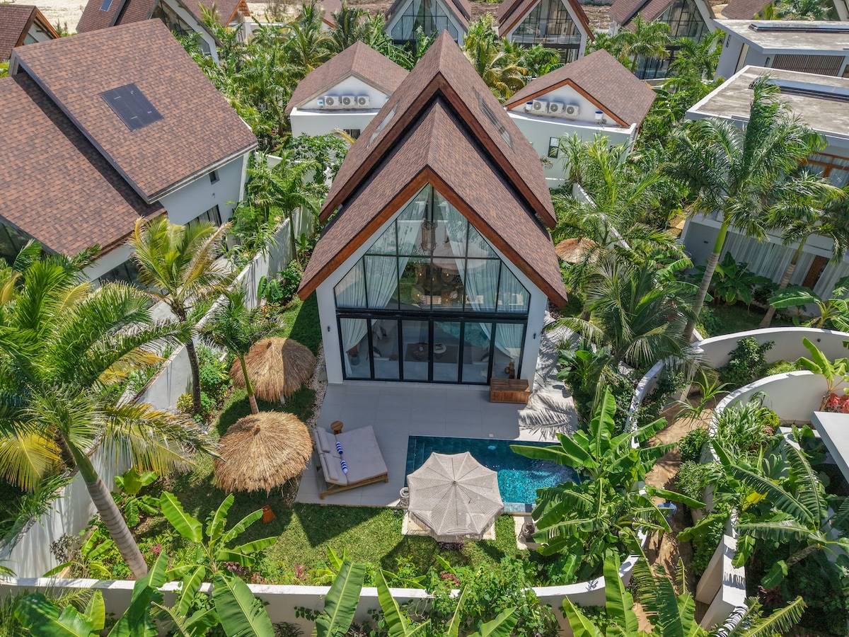 An aerial view of a contemporary villa is displayed, surrounded by lush greenery. A private pool is framed by tropical plants, with a shaded seating area featuring a thatched roof. Large glass doors offer a glimpse into the bright, inviting interior space.