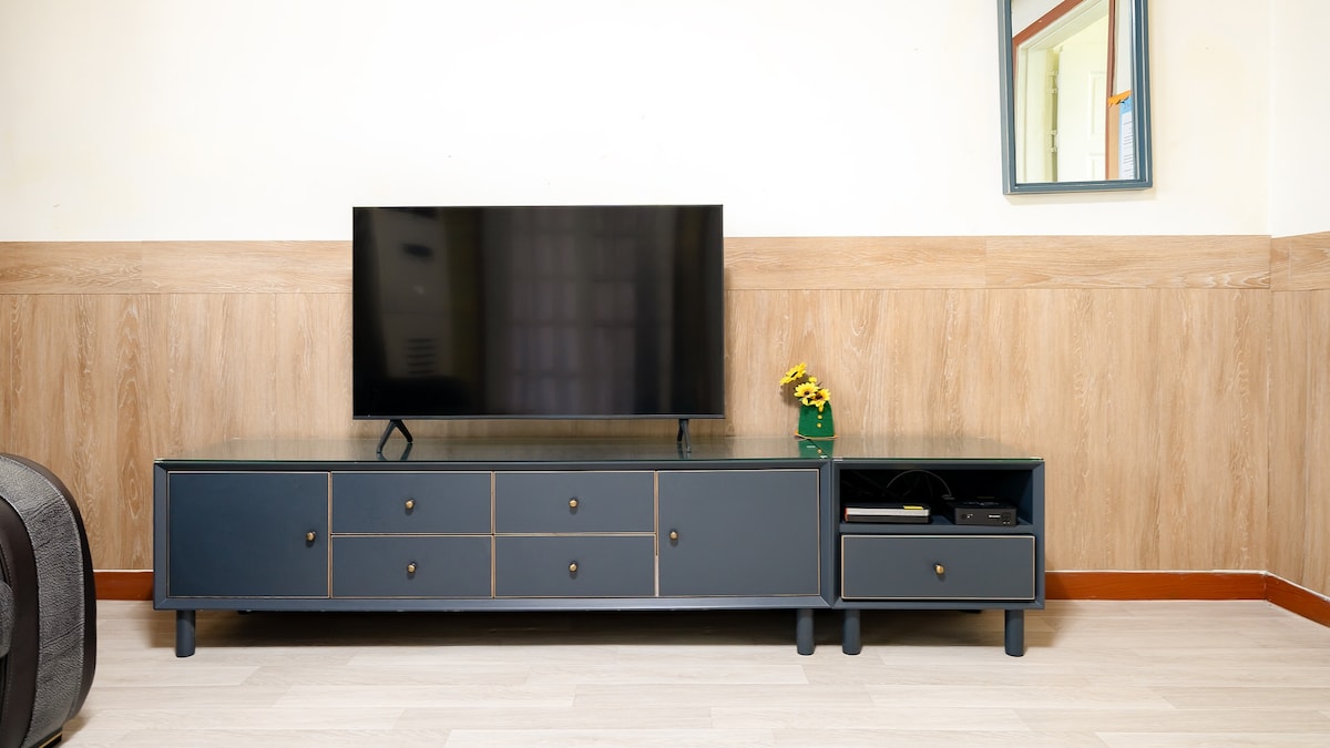 A modern media console is positioned against a wooden-paneled wall, featuring a flat-screen television atop. The console is styled with a dark finish, complemented by a small potted plant on the left. Various drawers and open storage spaces are visible.