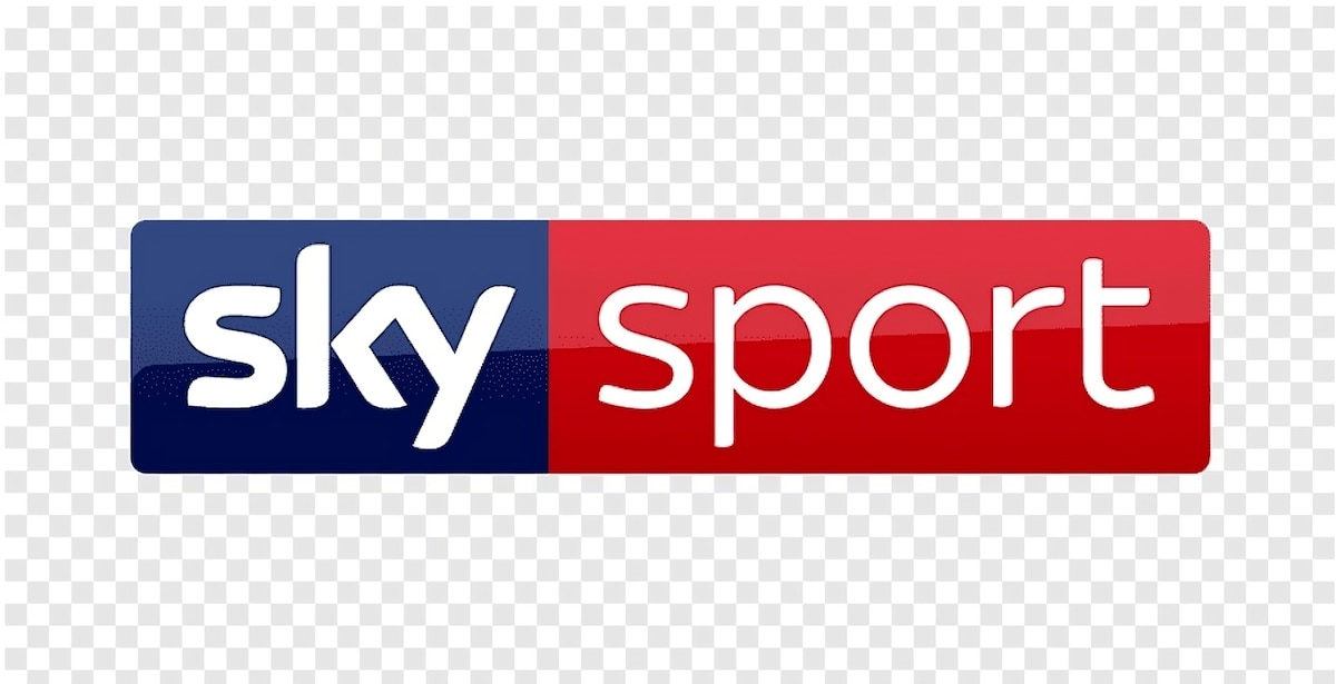 A logo is displayed featuring the words 'sky sport' in bold white letters. The background consists of split colors, with blue on the left and red on the right. The design is simple and modern, emphasizing the brand identity.